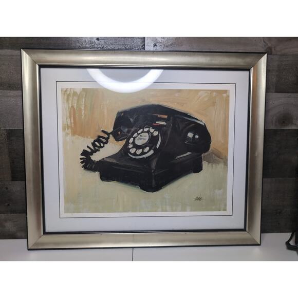 Vintage Rotary Telephone Acrylic Framed Painting and Signed 23"L x 19"W